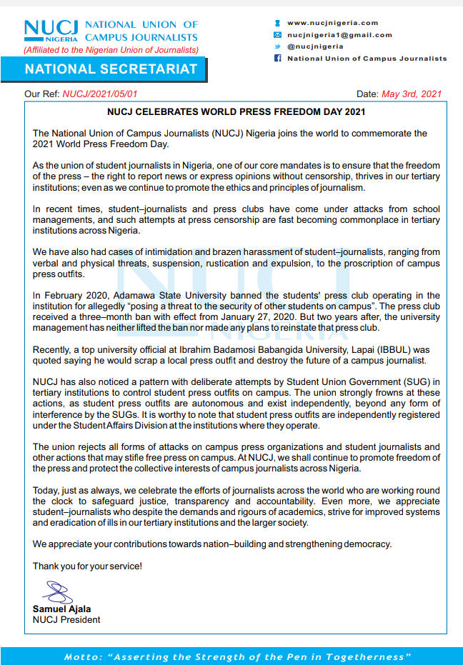 ajalasamuelakin's tweet photo. #NUCJNigeria joins the world to commemorate the 2021 World Press Freedom Day. We appreciate student Journalists who despite the demands and rigours of  academics, strive for improved systems and eradication of ills in our tertiary institutions and larger society. 
#WPFD2021 https://t.co/V7eJPdbOYN
