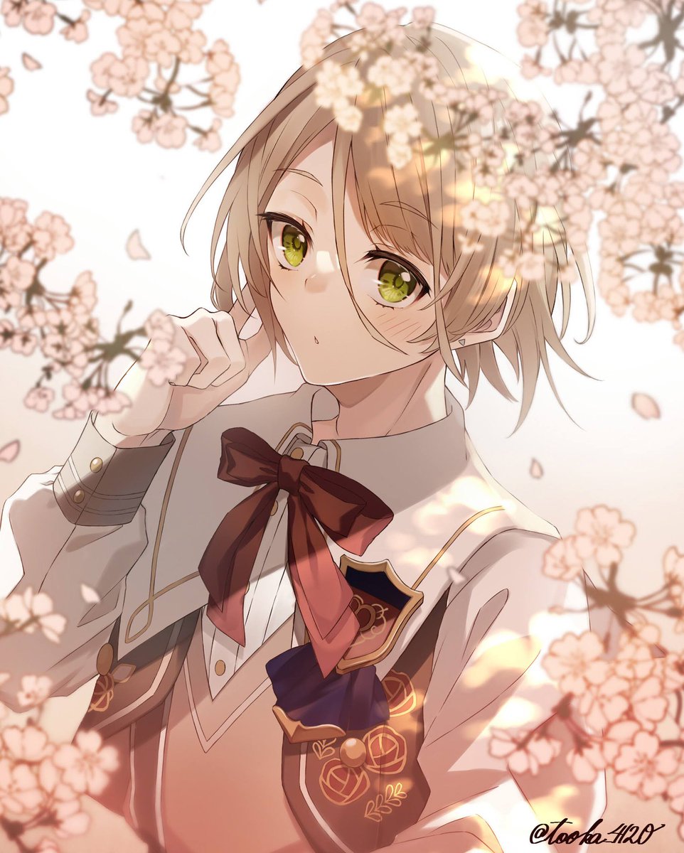 green eyes solo 1boy male focus looking at viewer bow cherry blossoms  illustration images