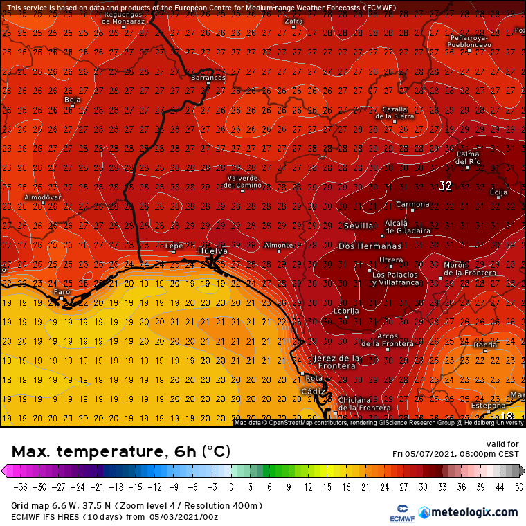 Mirad que temperaturas vamos a tener los próximos días en Andalucía occidental. Pero no guardéis la ropa de abrigo que os hará mucha falta a partir del próximo domingo porque se esperan algunas lluvias y sobre todo una importante bajada de las temperaturas.