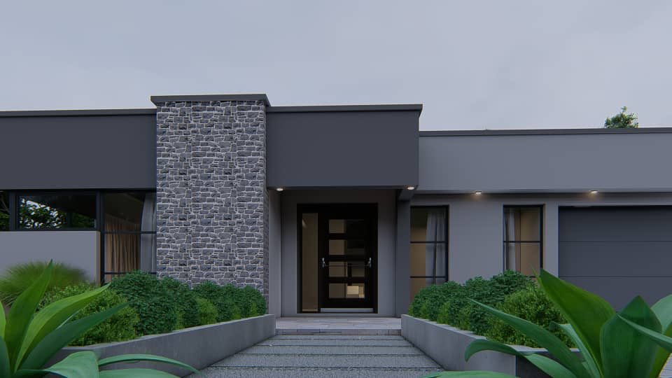 Excited to share a Morden Facade of HouseT.M in (Harare)we started working on a coupleofweeks ago.Having seen that he is a Foreignbased footballer who travels a lot,our DesignPhilosophy was centered around backyard living areas,facing a small garden which gives a breathtakingview