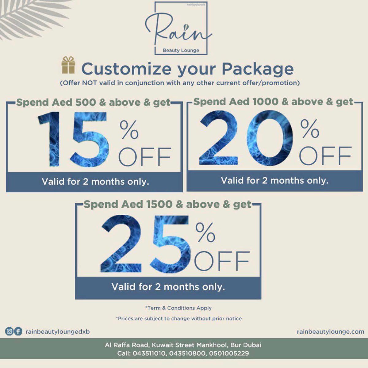 Customize your package @rainbeautyloungedxb &amp; get up to 25% off !
For more info check our website, link in bio.
#salon #dxb #dubai #girls #offer #discount #ramadan #eid #صالون #بنات #دبي #عيد #رمضان #عروض