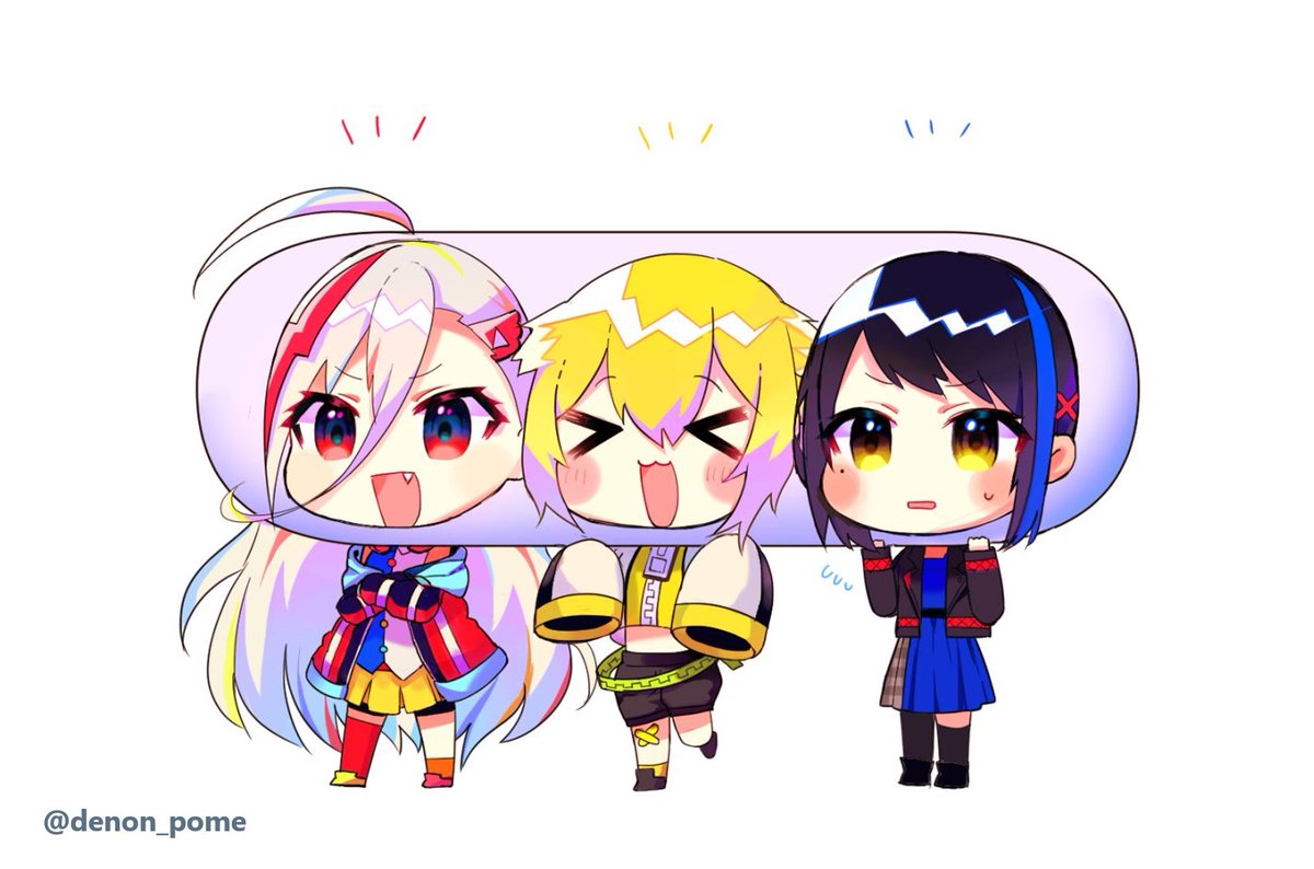 multiple girls jacket streaked hair black shorts chibi blonde hair 3girls  illustration images