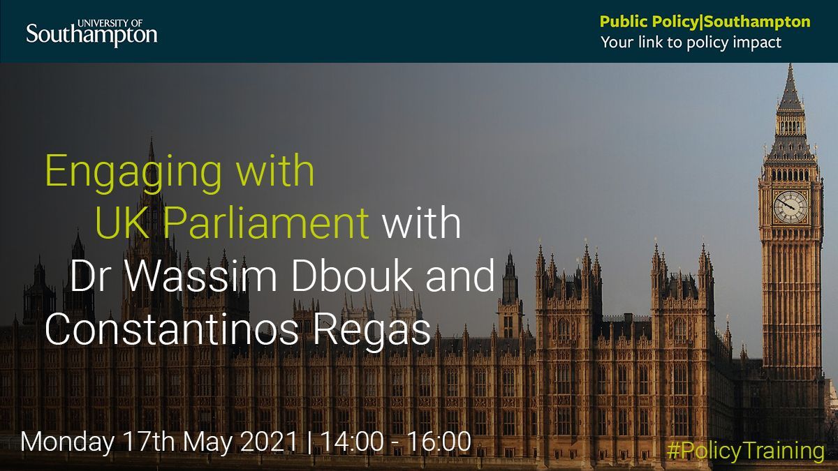 Dr @WassimDbouk7, @UoS_smmi @PublicPolicyUoS and Constantinos Regas, former adviser to @HouseofCommons select committees are hosting an online webinar for researchers interested in being involved in the process of evidence-informed policymaking.

See more: https://t.co/udLflDhtqI https://t.co/XsV4gxzlE4