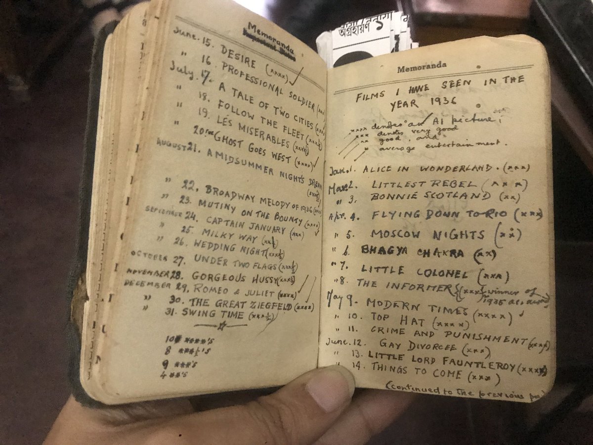 FHF_Official's tweet photo. Here’s a look at a page from a 15 year-old Satyajit Ray’s diary listing the films he watched in 1936 with his personal ratings of each film. https://t.co/eZPSam6bWk