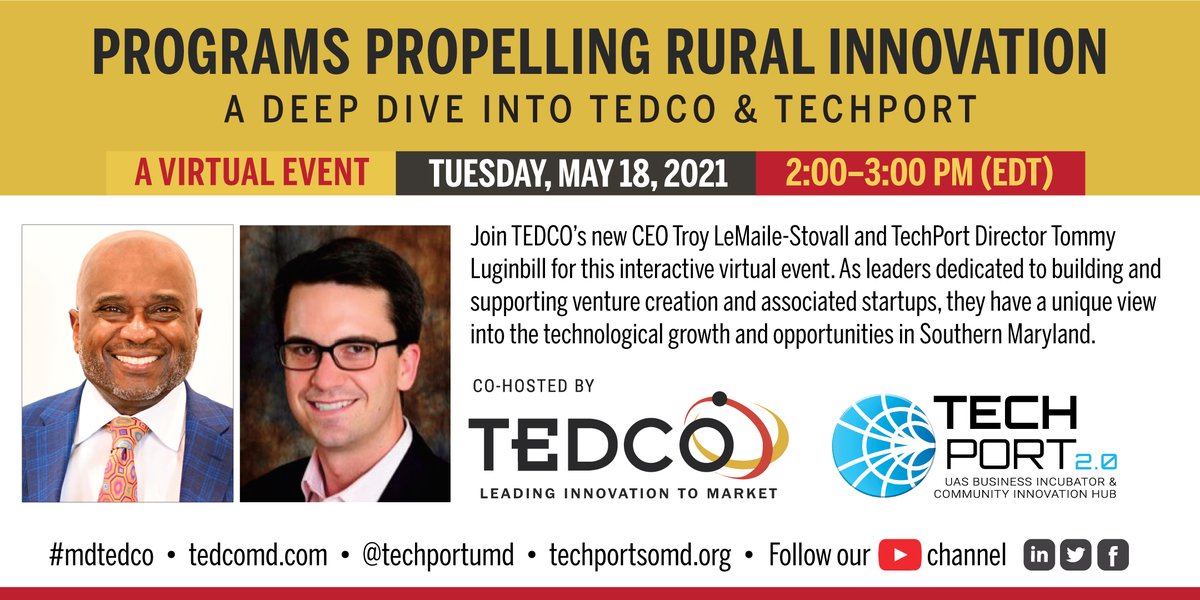 tammithomas's tweet image. 5/18: Join us for this virtual event with @MDTEDCO&apos;s CEO, Troy LeMaile-Stovall, &amp;amp; @TechPortUMD&apos;s Director, Tommy Luginbill, discussing the Programs Propelling Rural Innovation. Register today: eventbrite.com/e/programs-pro…