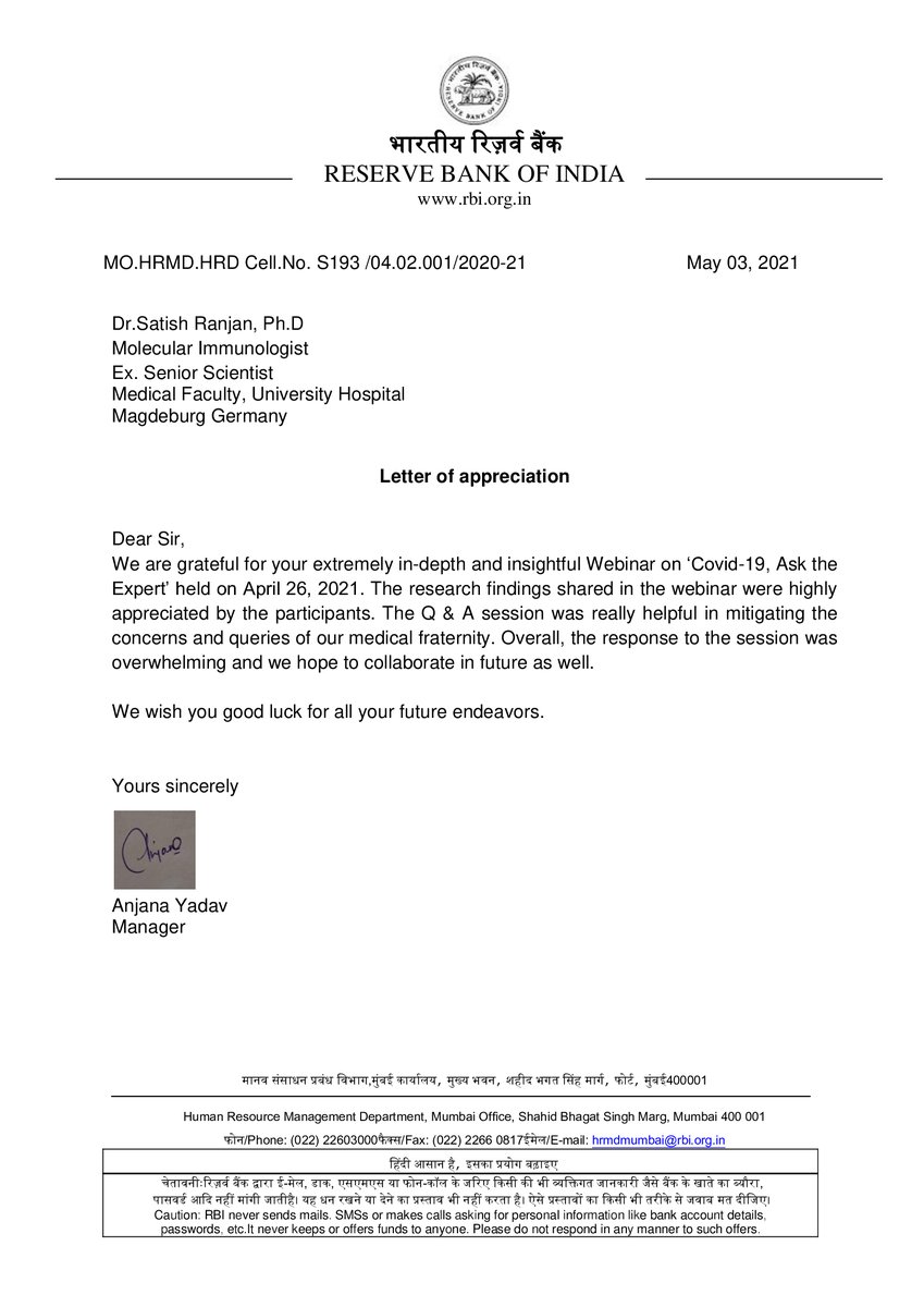 Happy to share the Letter of Appreciation received by @ReserveBankoIndia, #mumbai for conducting scientific #webinar on #covidー19 -Ask the Expert on 26th April, 2021.

#covid19awareness  #covid19safety #corporatehealth #corporatecoaching #healthcare #riskmanagement #covid