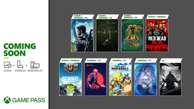 Just Cause 4: Reloaded, Outlast 2, Psychonauts, Red Dead Online, Steep, FIFA 21 (EA Play), Dragon Quest Builders 2, Final Fantasy X/X-2, and Remnant: From the Ashes are coming soon to Xbox Game Pass for PC. 