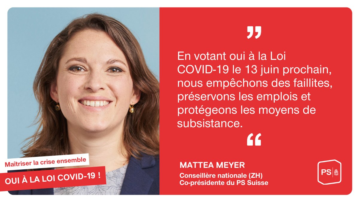Ce n'est qu'ensemble que nous pourrons surmonter la crise de #coronavirus. Salarié-e-s, indépendant-e-s et chômeurs/euses ont besoin de toute urgence d'une perspective économique à long terme. C'est pourquoi nous disons clairement OUI à la Loi COVID-19 le 13 juin. @meyer_mattea