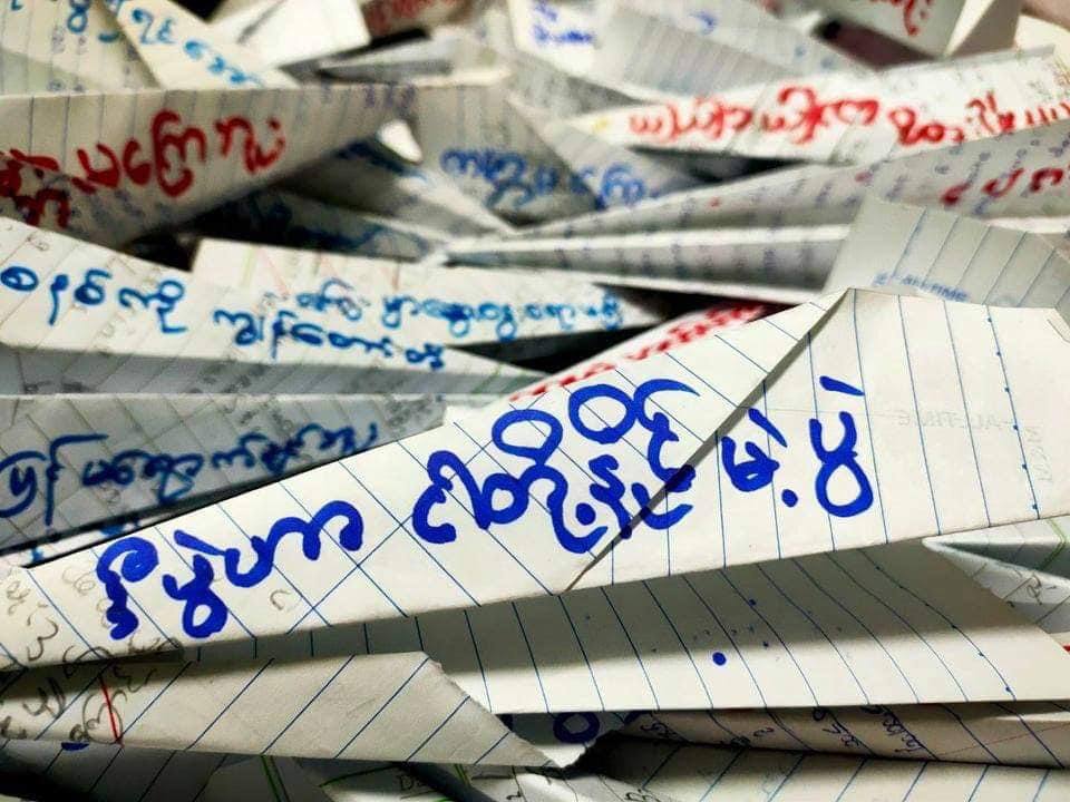 On #May3Coup in Hlaing Tsp, Yangon,youths staged a protest against the military dictatorship, launching a paper air strike under the guise of 'drones' with  revolutionary messages written on it. #WhatsHappeningInMyanmar  #WeSupportNUG