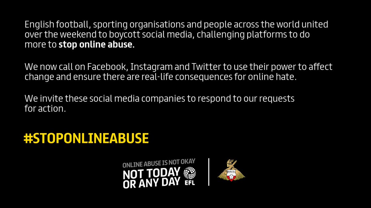 Club Doncaster united with sporting organisations and people across the world over the weekend to boycott social media and challenge platforms to do more to #StopOnlineAbuse 

#CDFamily
