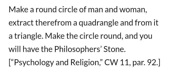 Chaos occurs due to center, but it is the center of peace because its opposites are united (Philosopher's Stone) — this stone is achieved when base metals are turned into gold, a metaphor for wholeness
