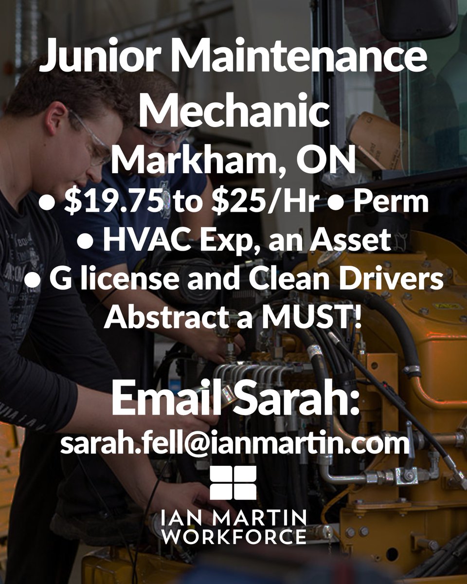 raiseworkforce's tweet photo. #NowHiring  #Junior #maintenance #technicians  needed in #markham , ON. Will be responsible for #assisting #technicians on the #installations  of #equipment while helping on-site . $19.75 - 25.00/ hr based on Experience.
Click here for more information:
https://t.co/DdQTRllyQA https://t.co/j94jIdzAo4