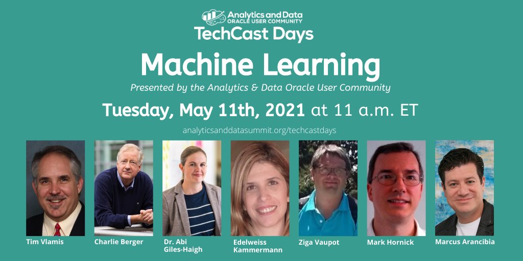 Analytics&DataUserCommunity (@analyticanddata) on Twitter photo #MachineLearning TechCast Day | May 11th at 11am ET
Attend this Hands on Lab with <a href="/TimVlamis/">Tim Vlamis</a> <a href="/CharlieDataMine/">Charlie Berger</a> <a href="/MarkHornick/">Mark Hornick</a> & many other experts! We'll walk you through the technology. It's like a test drive except way more fun! Register for FREE: ow.ly/QIfX50EBiV6 #MachineLearning TechCast Day | May 11th at 11am ET
Attend this Hands on Lab with <a href="/TimVlamis/">Tim Vlamis</a> <a href="/CharlieDataMine/">Charlie Berger</a> <a href="/MarkHornick/">Mark Hornick</a> & many other experts! We'll walk you through the technology. It's like a test drive except way more fun! Register for FREE: ow.ly/QIfX50EBiV6