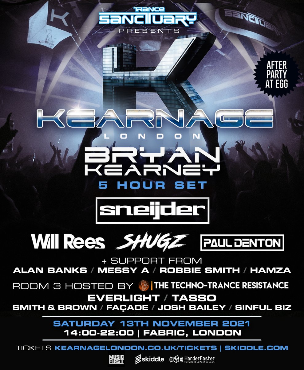 bryankearney's tweet image. Pleased to announce the full lineup for @kearnagerec London for @TranceSanctuary at Fabric 13th November where i'll be playing a 5 hour set alongside @SneijderMusic, Shugz @WillRees01, @DjPaulDenton &amp;amp; more.
Tickets on sale now kearnagelondon.co.uk/tickets