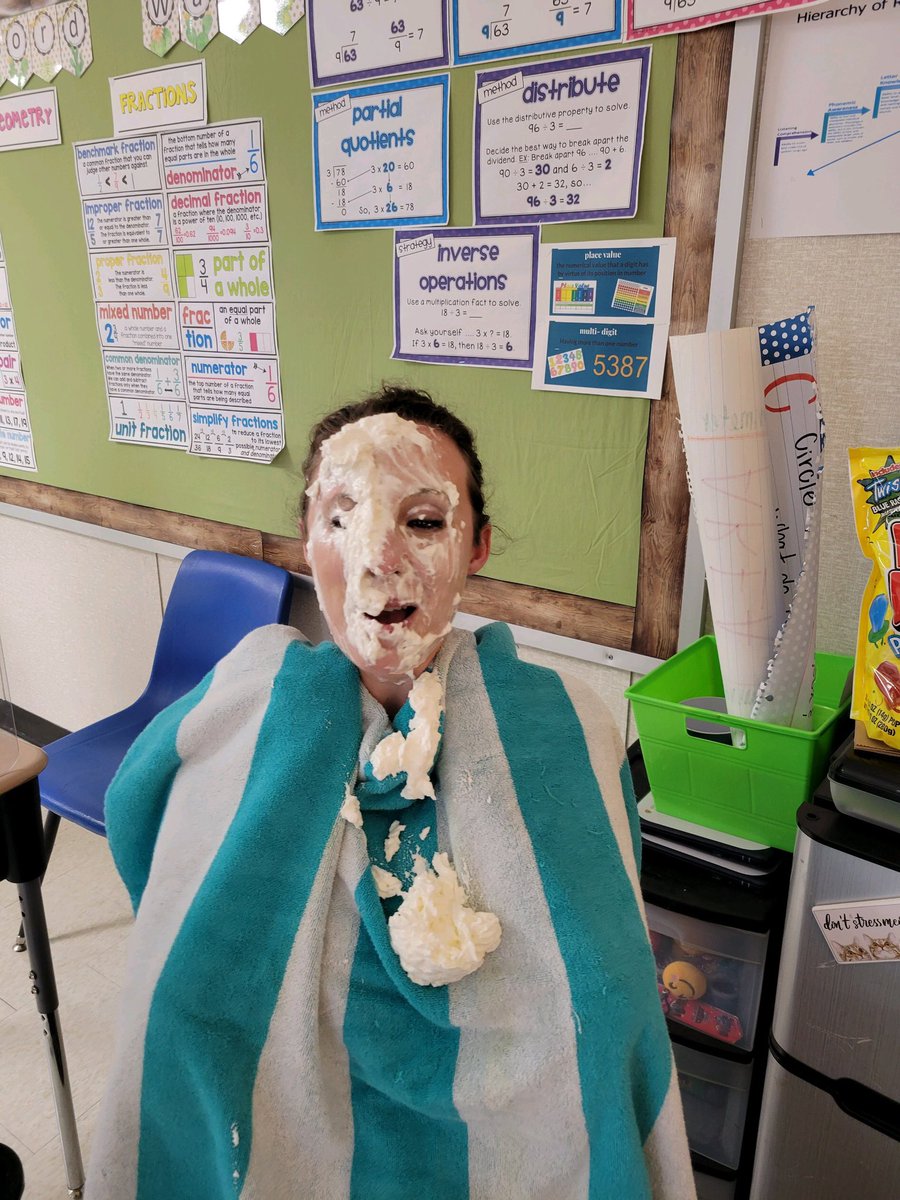 You never know what you are going to walk into when it comes to 4th grade. Mrs. Lopez and I set a goal for our latest math and reading tests with every score above our goal equaling one pie in the face. It was <a href="/FanCactusLopez/">Elizabeth Lopez</a> turn today, and mine tomorrow. #Thethingswedo