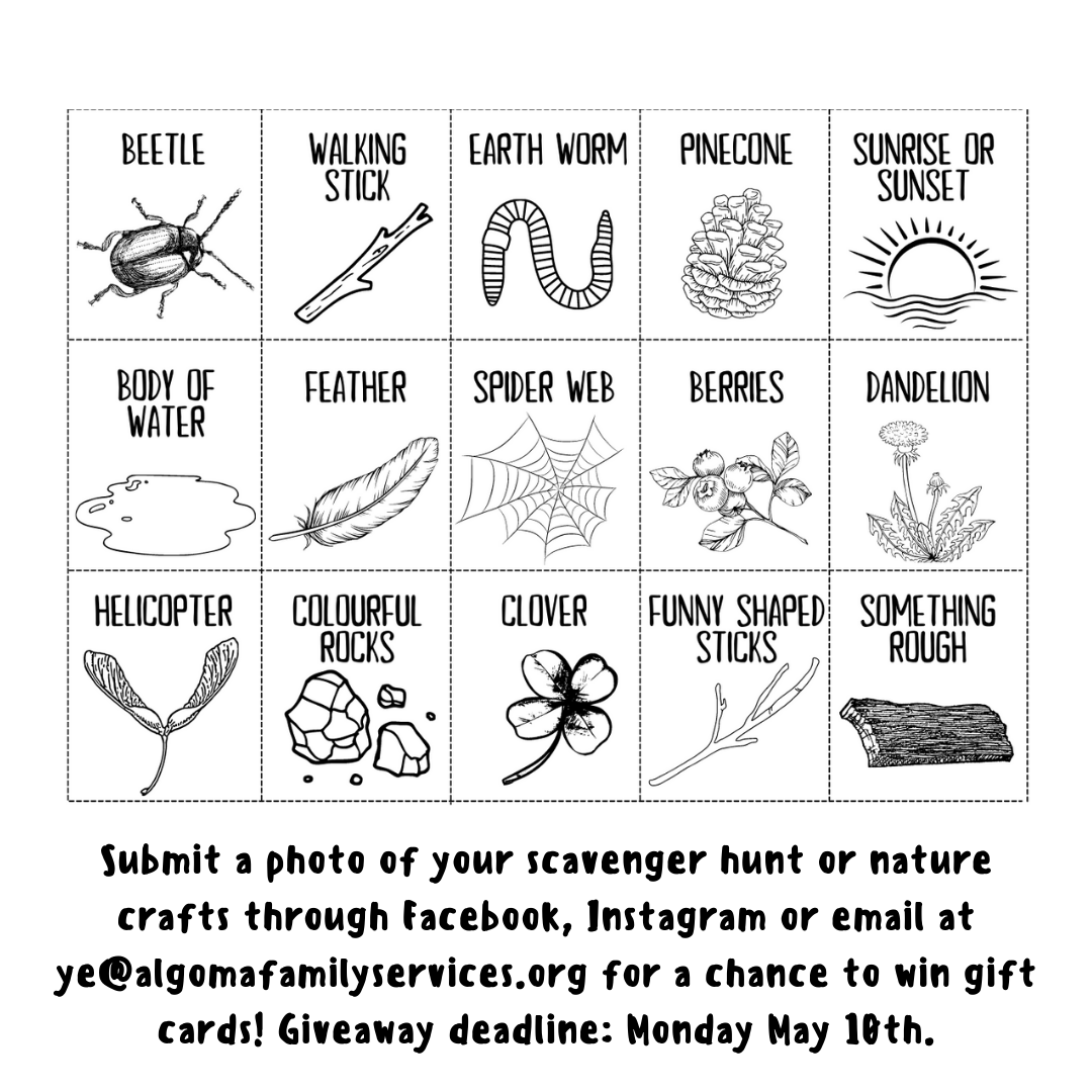 AlgomaFS's tweet photo. #CMHW2021 Nature Scavenger Hunt!! We'll be posting daily ideas (around this time) about how you can use the items you collect to create nature themed crafts. Post your pictures and make sure to tag us to enter for your chance to win a Gift Card.
#KidsCantWait #MentalHealthMatters https://t.co/TJKNrea5oZ