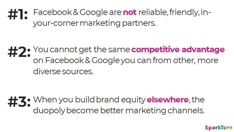 I'll go slide-by-slide, so you can get context.Basic gist: There's 3 reasons to diversify your marketing efforts and expand beyond just Google and Facebook (where the vast majority of marketing dollars and effort are currently spent).