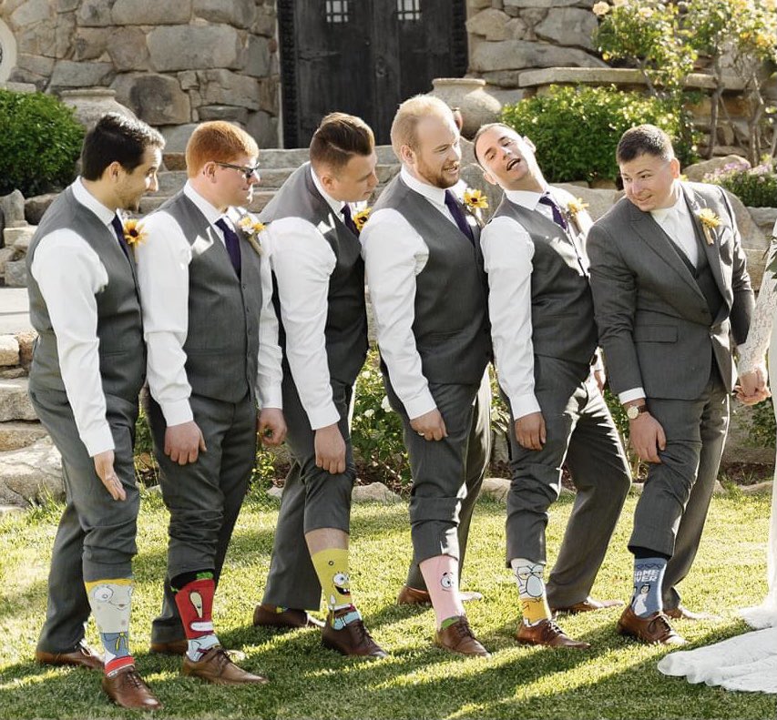 TheMatthewCasey's tweet photo. @SpongeBob @SpongeBobBway celebrated 21 years on May 1 which also happened to be my brothers wedding day! We groomsmen dressed appropriately. #peepthesocks #bestdayever #happilyevercasey21 https://t.co/xZTIaAeHvA