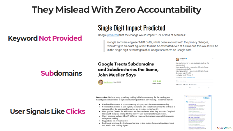 When Google misleads or outright lies, there's no consequences. The digital marketing world seems to uncritically trust & amplify their representatives' statements despite years of bad faith misinformation.