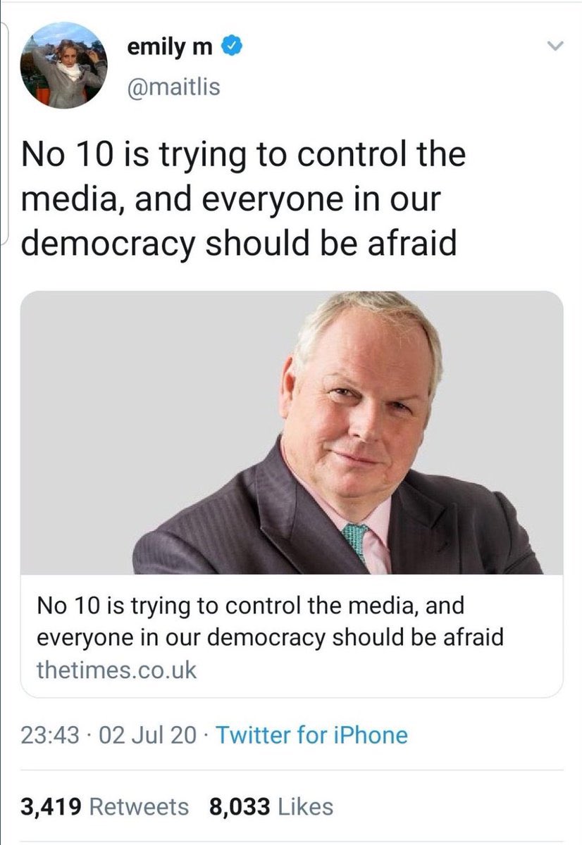 8/. In July 2020,  @mailtis tweeted “No.10 is trying to control the media & everyone in our democracy should be afraid”The words were from a linked article by  @adamboultonSKY written after Downing St banned selected journalists from a briefingThe next day she deleted the tweet  https://twitter.com/StefSimanowitz/status/1265412894092648454