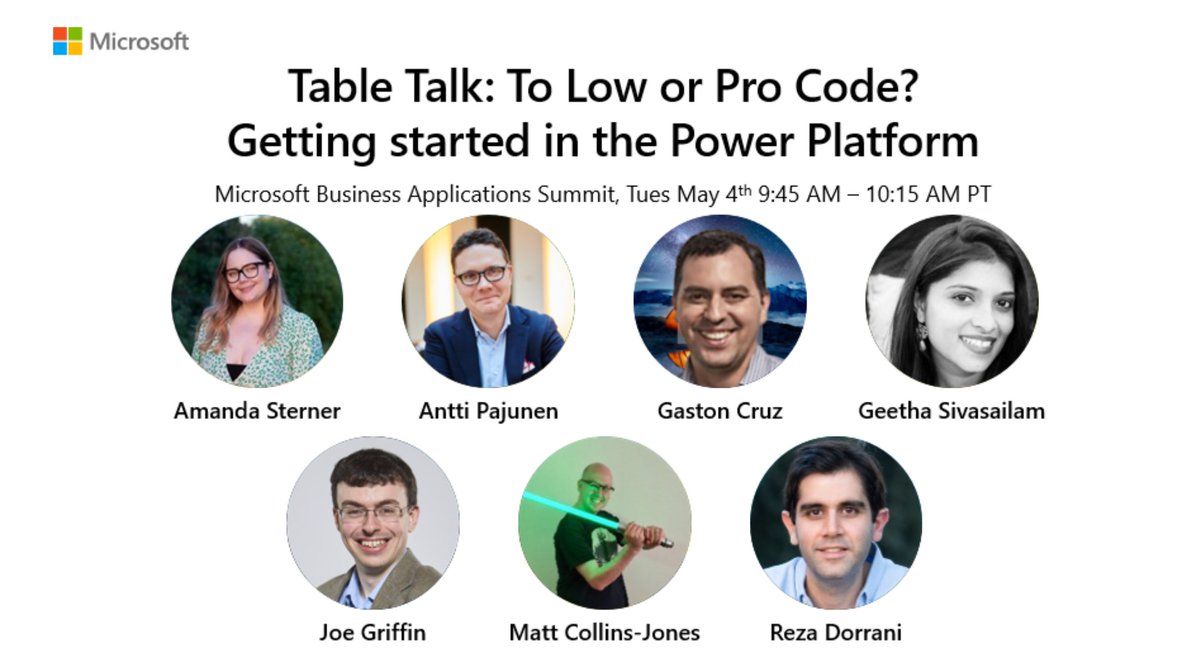 #MSBizAppsSummit is tomorrow! Join us @ Table Talk: 'To Low or Pro Code? Getting started in the Power Platform' .

All skill levels are welcome! Bring your #PowerPlatform questions, collaborate with community & get them answered. Don't miss the fun!

register.mbas.microsoft.com