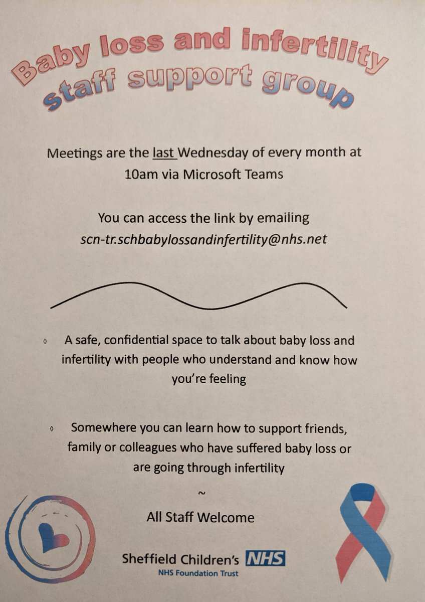 A Sheffield Children's baby loss and infertility staff support group is going to run every last Wednesday of the month via Microsoft Teams. 
Please retweet because you never know who might be needing this support or want to be supporting friends, family or colleagues.