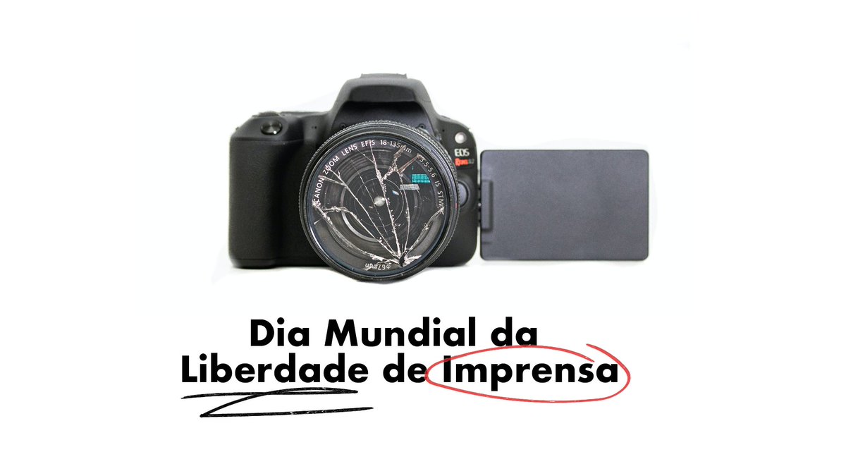 Câmera de fotografia com lente quebrada. Abaixo, em negro sobre branco, o texto: "Dia Mundial da Liberdade de Imprensa".