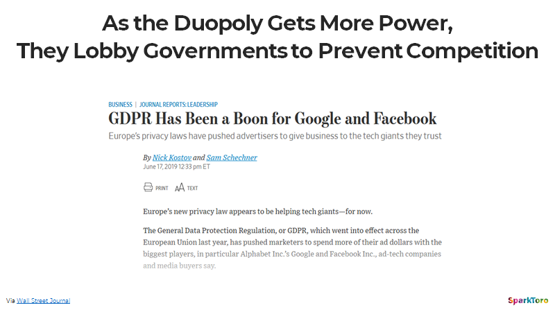 Facebook and Google use their lobbying, political, and economic power in a lot of messed-up ways, much of it in moat-building to prevent any future, potential competition.Sadly, the EU fell for their naked power grab, and I fear the US might, too.