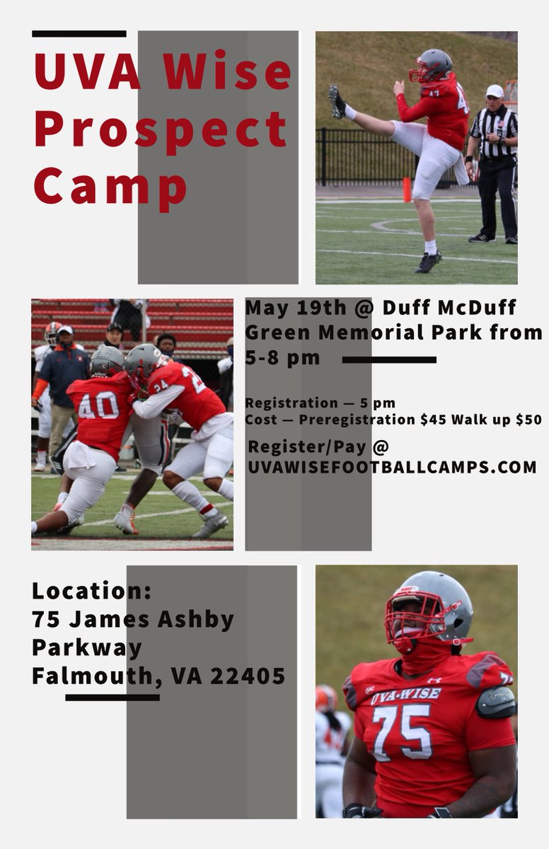 UVA-Wise Football is coming to NOVA for a one-day camp!
 
Register here:  uvawisefootballcamps.com