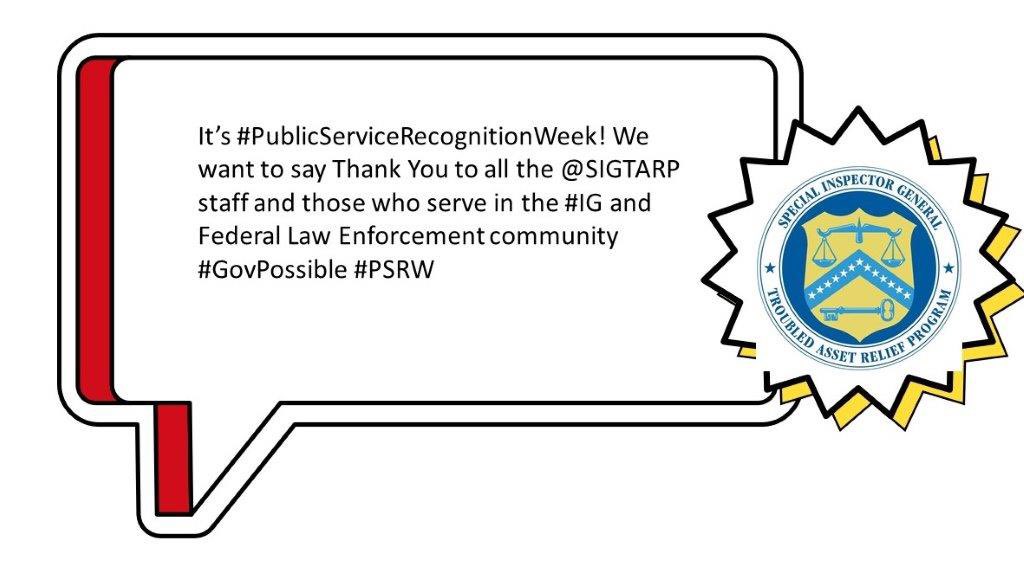 Kicking off #PublicServiceRecognitionWeek with a Thank You to all of the <a href="/SIGTARP/">SIGTARP</a> team!