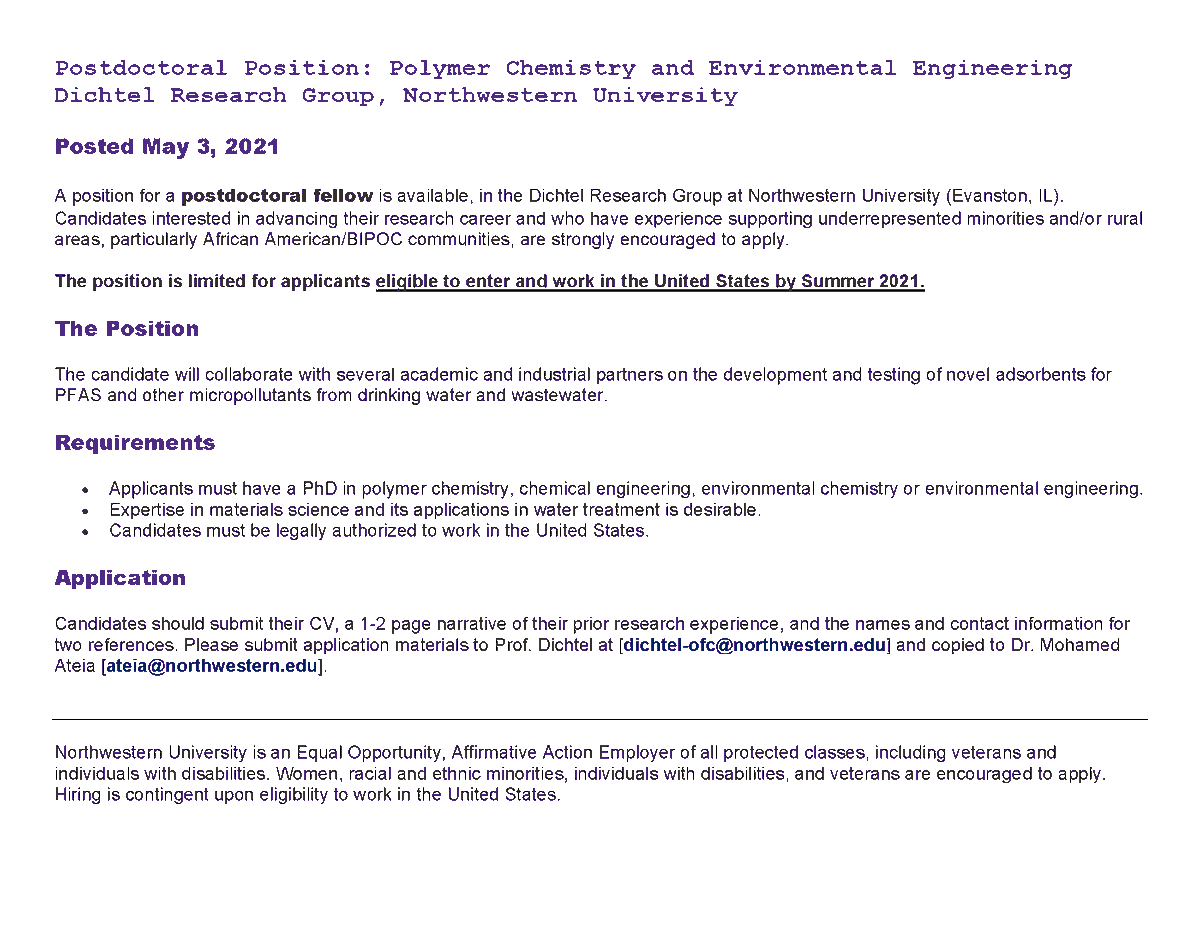 moha_ateia's tweet photo. 🚨#Postdoc Position in Polymer Chemistry and Environmental Engineering with @Dichtelians, @NUChemistry 
Come and join an amazing group and work on the development of new solutions to treat #PFAS and other micropollutants from water/wastewater 
@AEESProfs @Chemjobber
Pls Retweet👇 https://t.co/Zvbj0t4fLX