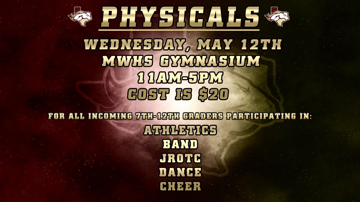REMINDER: physicals are next Wednesday. ALL ATHLETES must have a NEW physical in order to participate in anything over the summer &amp; the upcoming school year 2021-2022.