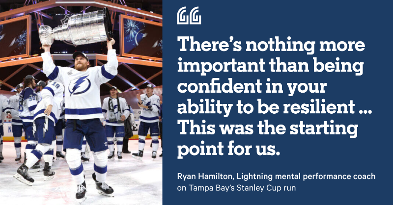 TheAthleticNHL's tweet photo. The past year has been challenging mentally for most people - NHL players included. 

@JoeSmithTB takes a look at how the Lightning's approach to mental health played role in their Stanley Cup run, with sports psychologist ⁦@Hammy_SportPsyc⁩.