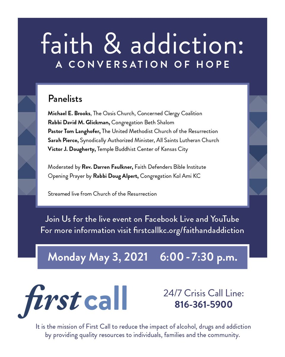 This evening, join us for 'Faith & Addiction: A Conversation of Hope,' which will be livestreamed from The Church of the Resurrection Leawood, beginning at 6 p.m.! Watch on Facebook Live and YouTube. We can't wait to 'see' you there! #faithandaddiction