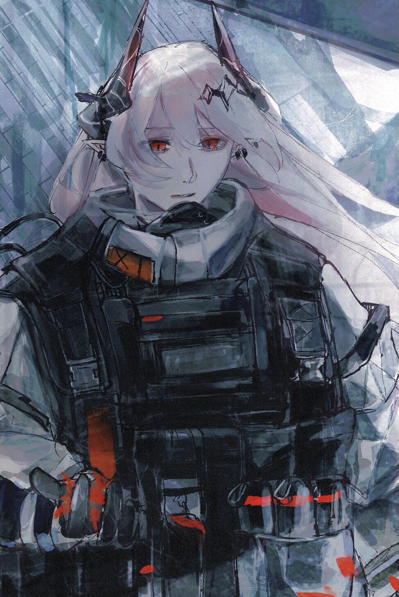 mudrock (arknights) 1girl solo gloves red eyes horns long hair white hair  illustration images