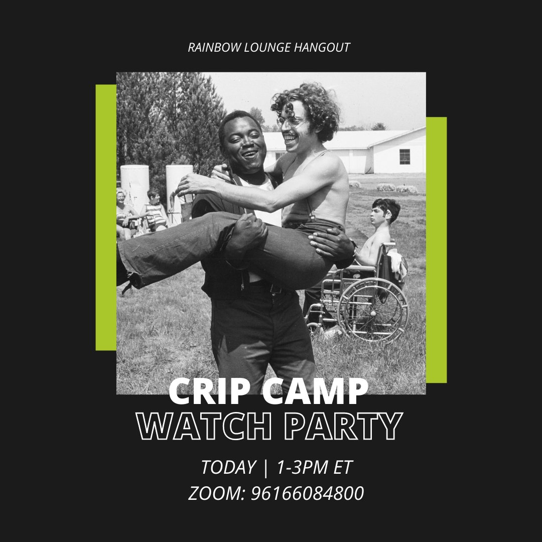 TODAY join us to watch Crip Camp for a Rainbow Lounge Hangout 1-3PM ET! 
Zoom: mit.zoom.us/j/96166084800⁠
In 1971 at Camp Jened, a summer camp for "loose, free-spirited camp designed for teens with disabilities" campers start on the road to becoming disability rights activists.