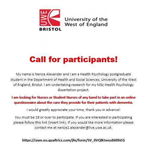 AlexanderNerice's tweet photo. I am looking for nurses/student nurses to participate in my #research on #dementia care. Please RT! #HealthPsychology
Here's the link to get involved! https://t.co/WATu5jJeUp
@AdmiralNurses
@DementiaUK
@NursesUK_
@NursingTimes
@theRCN
@UWEHealthPsy
@RikCheston
@UWE_NAM https://t.co/7kSnVwh9W0