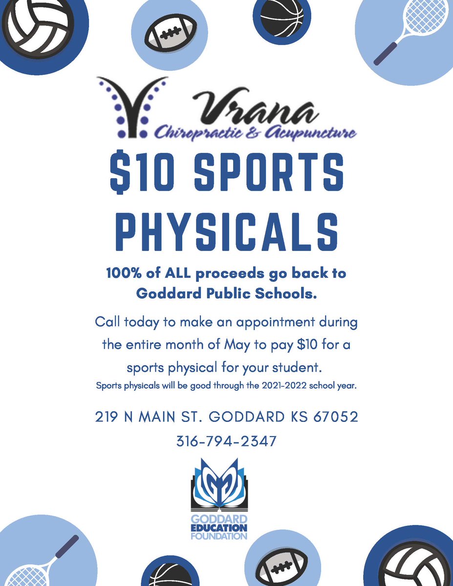 USD265_Goddard's tweet photo. Does your student need a sports physical for next school year? 

Pay $10 during May at Vrana Chiropractic for a sports physical. Call 316-794-2347 to make your appointment today.

100% of the proceeds go back to USD 265, thanks to Vrana's partnership with @goddardef.

#265Pride https://t.co/qZwlUJz6X5