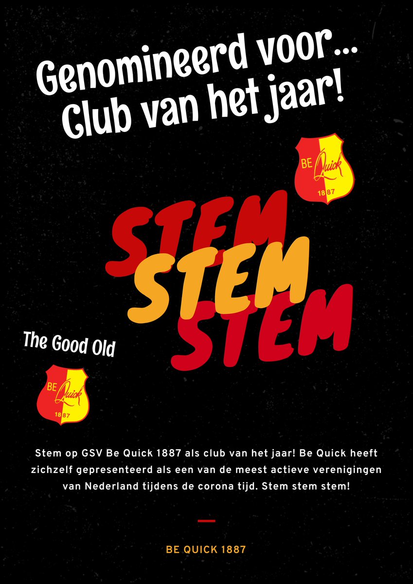 🏆  Be Quick 1887 genomineerd als CLUB VAN HET JAAR.

Stem op GSV Be Quick 1887 als club van het jaar! Be Quick heeft zichzelf gepresenteerd als een van de meest actieve verenigingen van Nederland tijdens de corona tijd. Bedank The Good Old  met een stem!

clubvanhetjaar.nl/#did7615