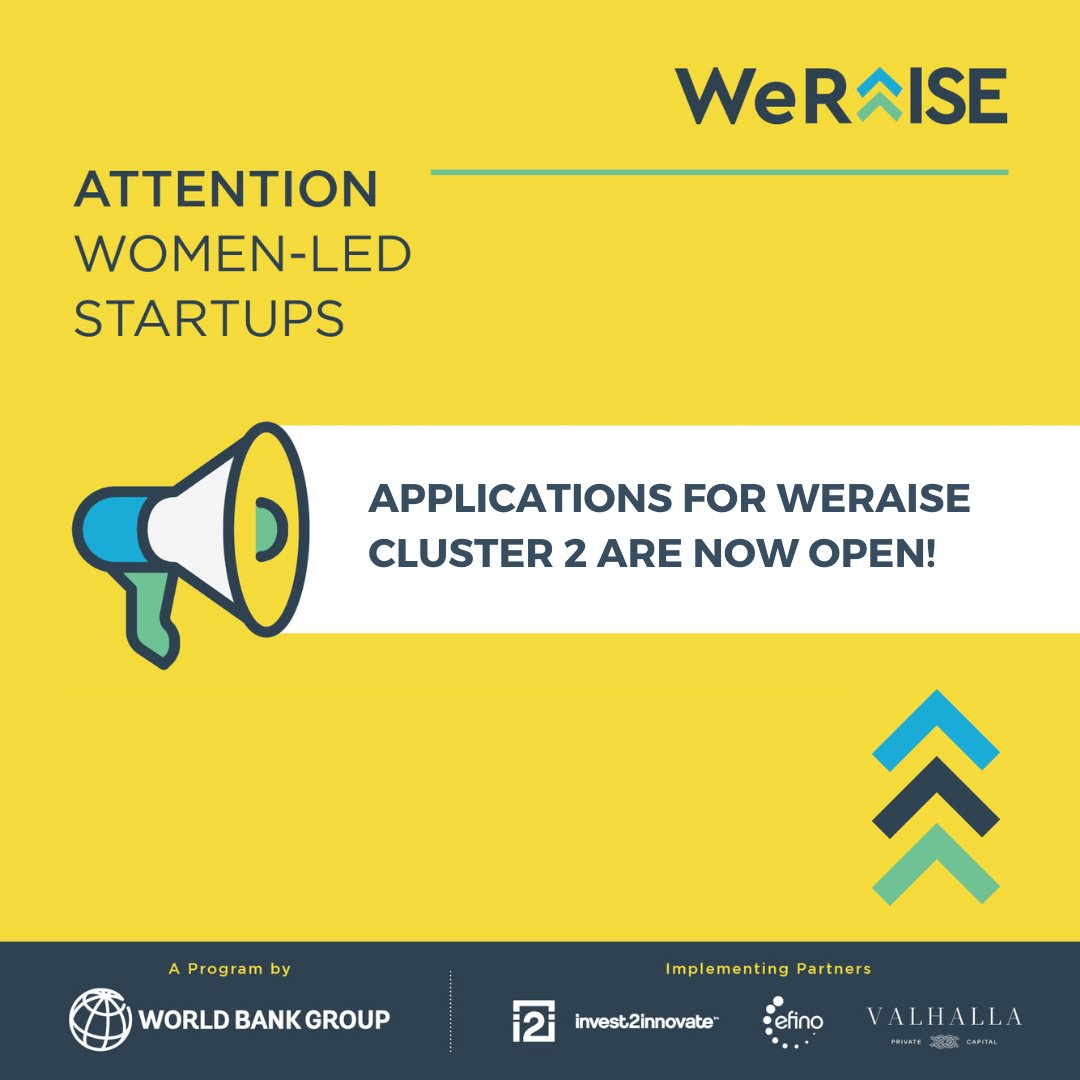 We are excited to announce the opening of applications of #WeRaise cluster 2, an initiative by World Bank Group that aims to address the funding gap faced by women #entrepreneurs and will support women-led companies in raising #capital.
Apply here: bit.ly/3efLba6