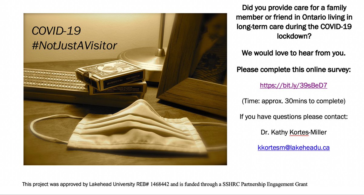 Our research team is seeking people across Ontario who were caregivers of a resident in long-term care during COVID (specifically from March 2020 until March 2021) to participate in an electronic survey. 
bit.ly/39sBeD7