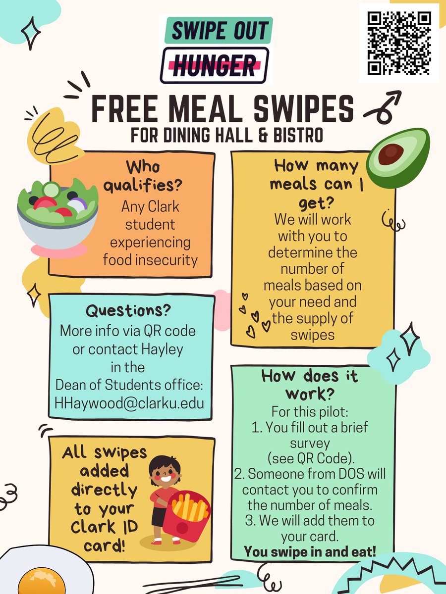 cu_odi's tweet image. Food access should not be something you have to worry about. We got you! Swipe Out Hunger is a program that allows any Clark student experiencing food insecurity to obtain a set number of free meal swipes that will be transferred directly onto your ONECard (Clark ID).