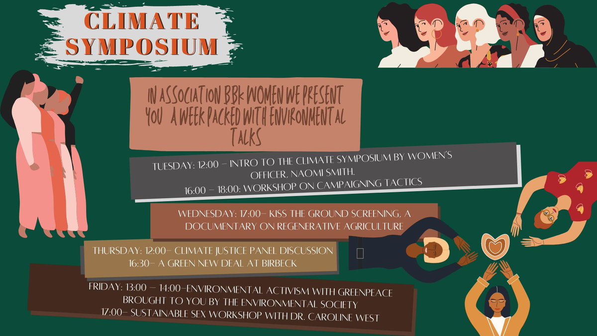 We are looking forwards to a full week of climate disscussion with Birkbeck Women. We will be hosting on Friday a talk on #environmentalactivism . Lara Vadamczyk and Lene Bryant from <a href="/GreenpeaceUK/">Greenpeace UK</a>  will join us for a talk about climate justice and its different intersections.