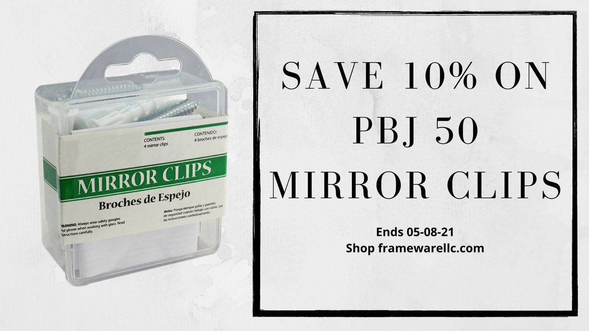 Can't pass on this offer! 10% off PBJ 50 Mirror clips!
Each kit is in a blister pack and includes: (4) Adjustable Mirror Clips, (4) Screws, (4) Anchors &amp; Instructions. Shop and save now at framewarellc.com/products/adjus…