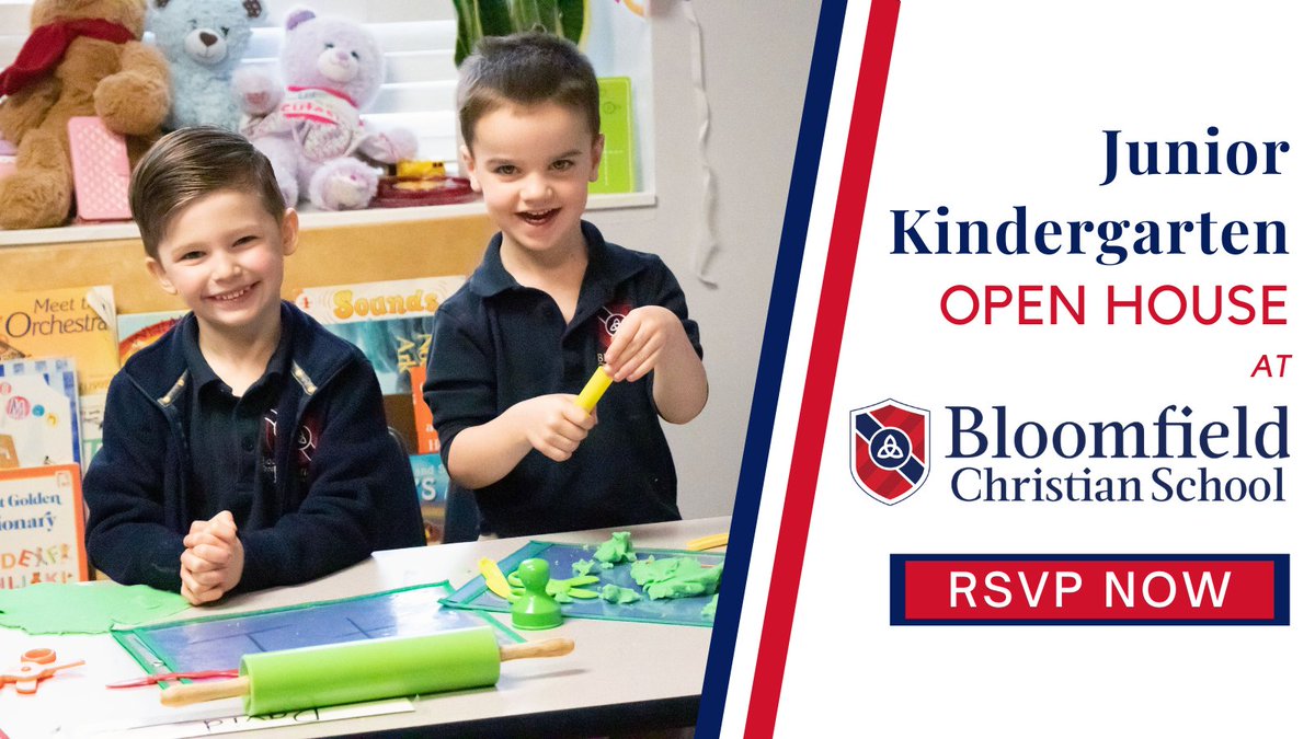 Children who will be entering Jr. Kindergarten in the fall are invited to attend the Jr Kindergarten Open House at Bloomfield Christian School on Saturday, May 8th at 10:00 AM. 

Seating is limited. Click the link to register.
hubs.ly/H0L1M8f0