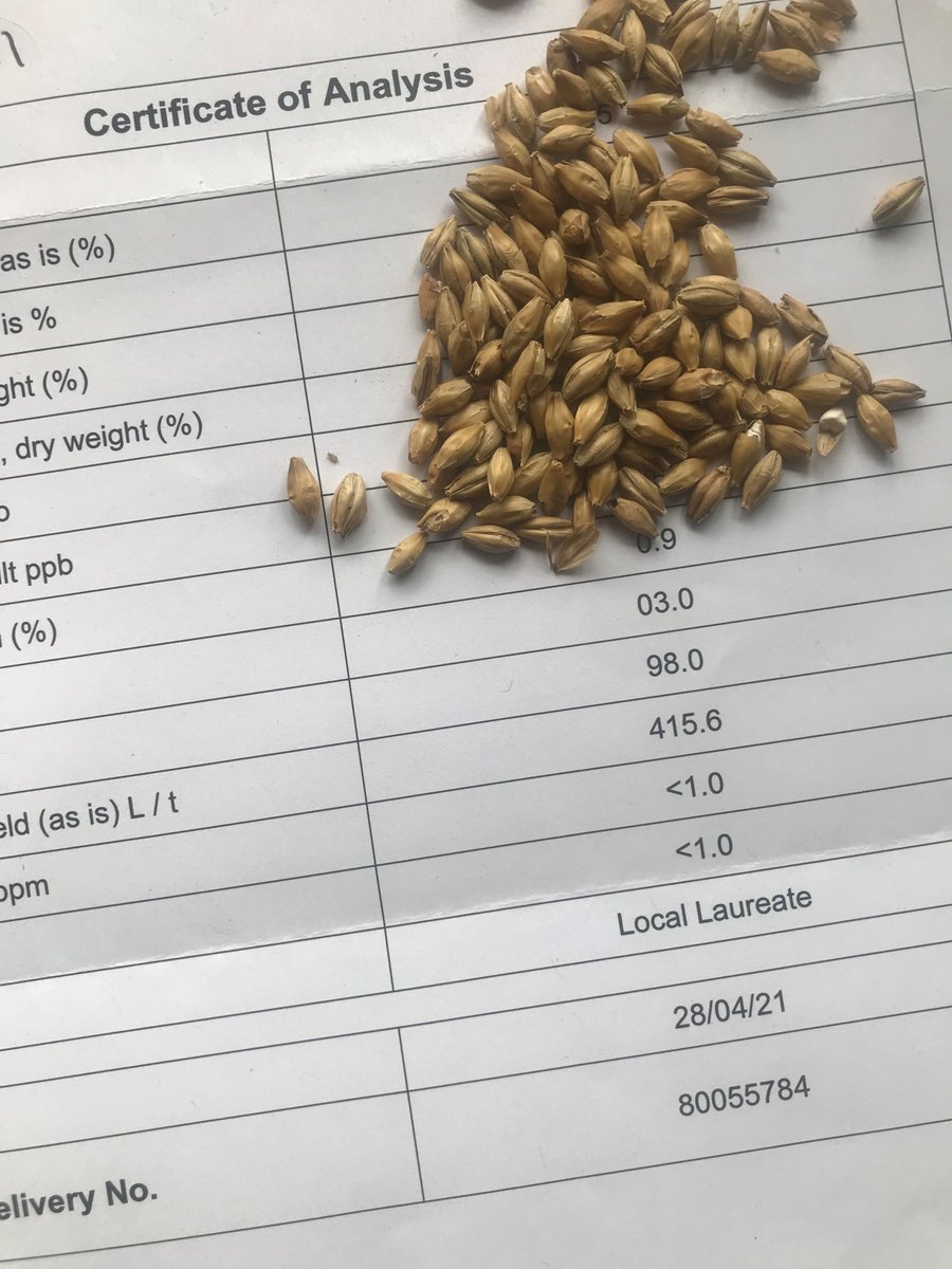 LindoresAbbey's tweet image. This is our certificate of analysis for the malt that we use to make our whisky here at Lindores, showing that we are now moving onto the Laureate strain and more importantly its “Local”, not just Scottish, not just from Fife but Local! #localmalt #Lindores