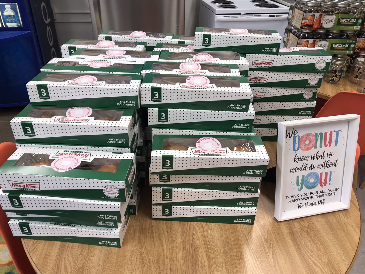 ShaneBarham1976's tweet photo. Thanks to @hunter_pta for making our staff feel special on Day 1 of Teacher Appreciation Week! Individual Coffee, Packs of Donuts, & a Hunter Jar to be used as a flower vase later in the week! @HunterPrincipal @CentralWCPSS @WCPSS #HunterStars #TeacherAppreciationWeek https://t.co/x9cpeFLlVY