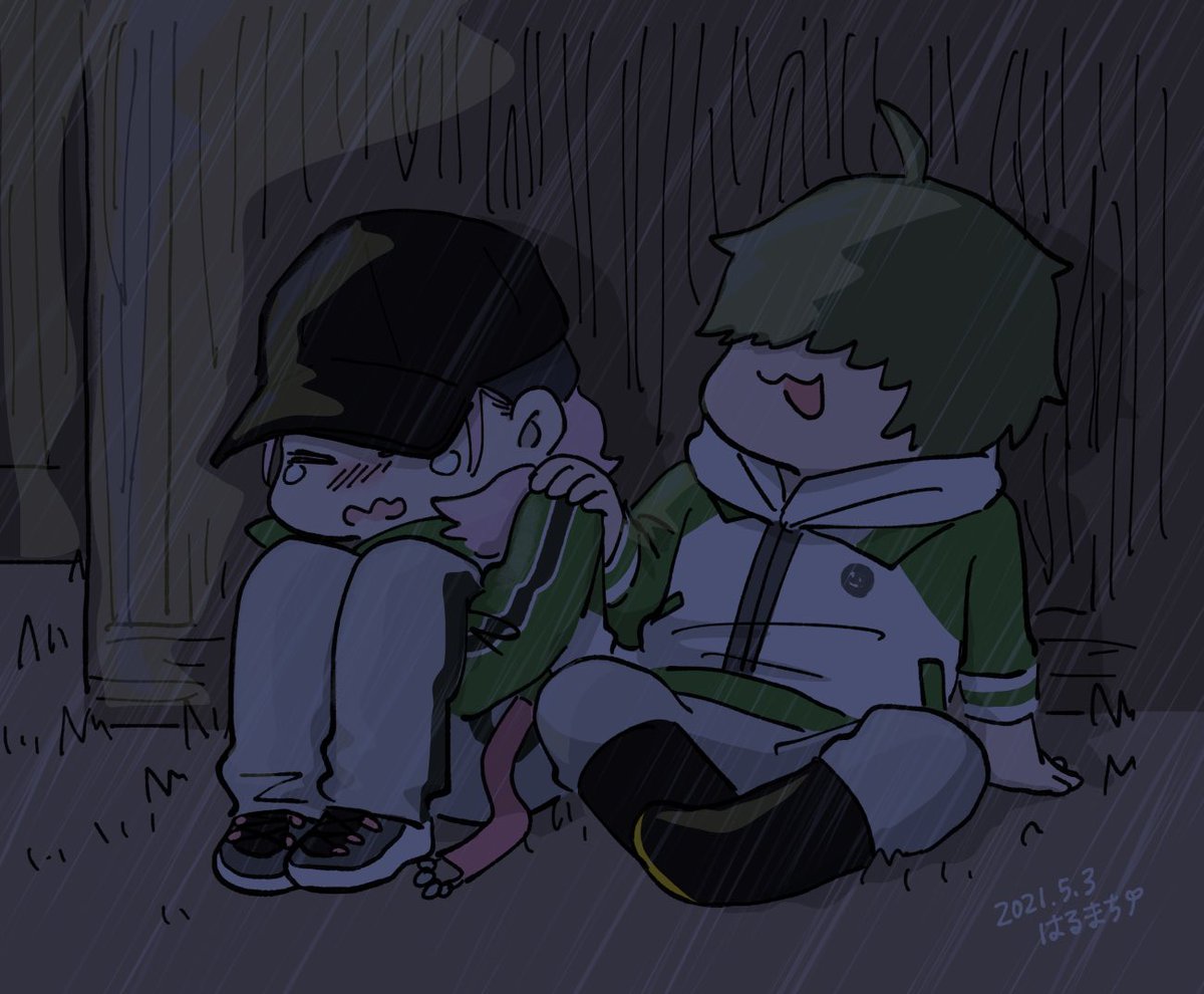 2boys sitting rain multiple boys hood green hair dated  illustration images
