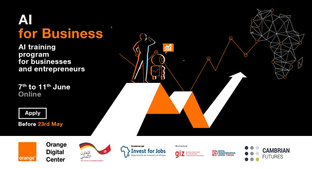 To benefit a large number of the #OrangeDigitalCenter Network community in Africa, #AIforbusiness will take place in June 2021 in Tunisia, in September 2021 and January 2022 in Senegal, Ivory Cost, Jordan, Morocco, Egypt and Cameroon. Register here bit.ly/2QTK077
