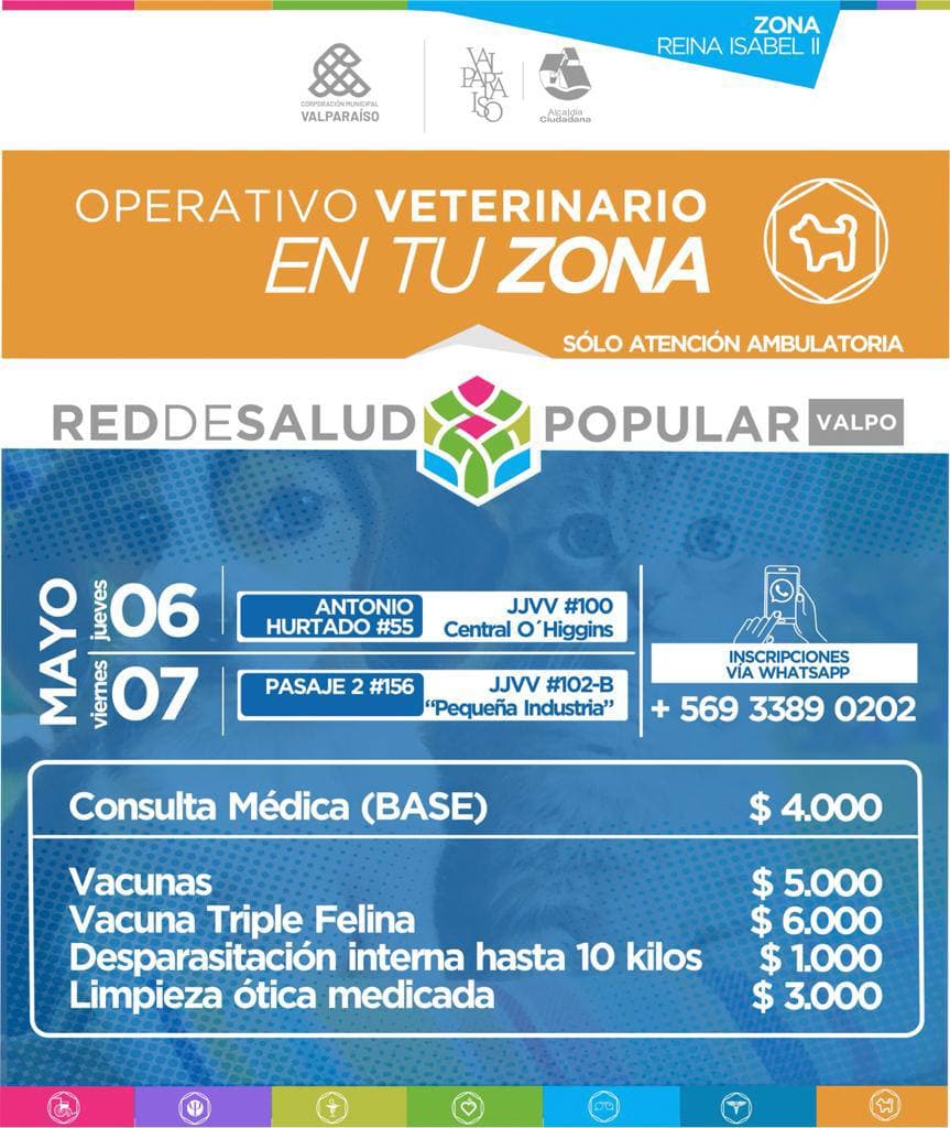 🐾 ¡Veterinaria Popular en sector Reina Isabel II. Este jueves 6 y viernes 7 de mayo.

🐶🐱 Las atenciones contemplan consulta médica, vacunas, desparasitación interna y limpieza ótica medicada. ⚠️ Solo atenciones ambulatorias. 🟢 Inscripciones al +569 3389 0202 (25 cupos)